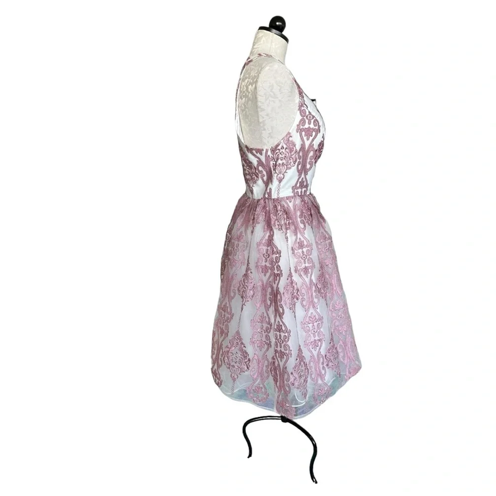 Chi Chi London NEW Pink Halter Dress Tulle Embroidered Overlay Damask Size 16 - Picture 5 of 16